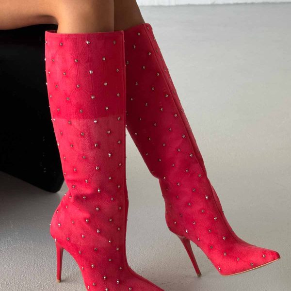 بوت قرمز نگین دار پاشنه ده سانت